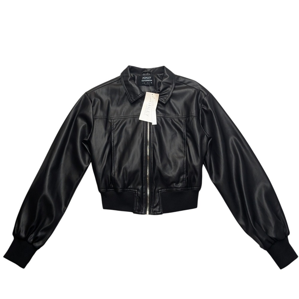 NWT Ashley Faux Leather Bomber Jacket Womens S Black Cropped Zip Up JKJR1931